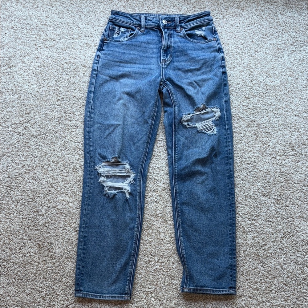 American Eagle Outfitters High Rise Ripped/Distressed Blue Mom Jeans